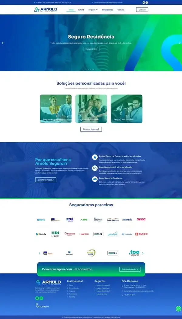 Captura do site Arnold Seguros, desenvolvido pela Palmaweb